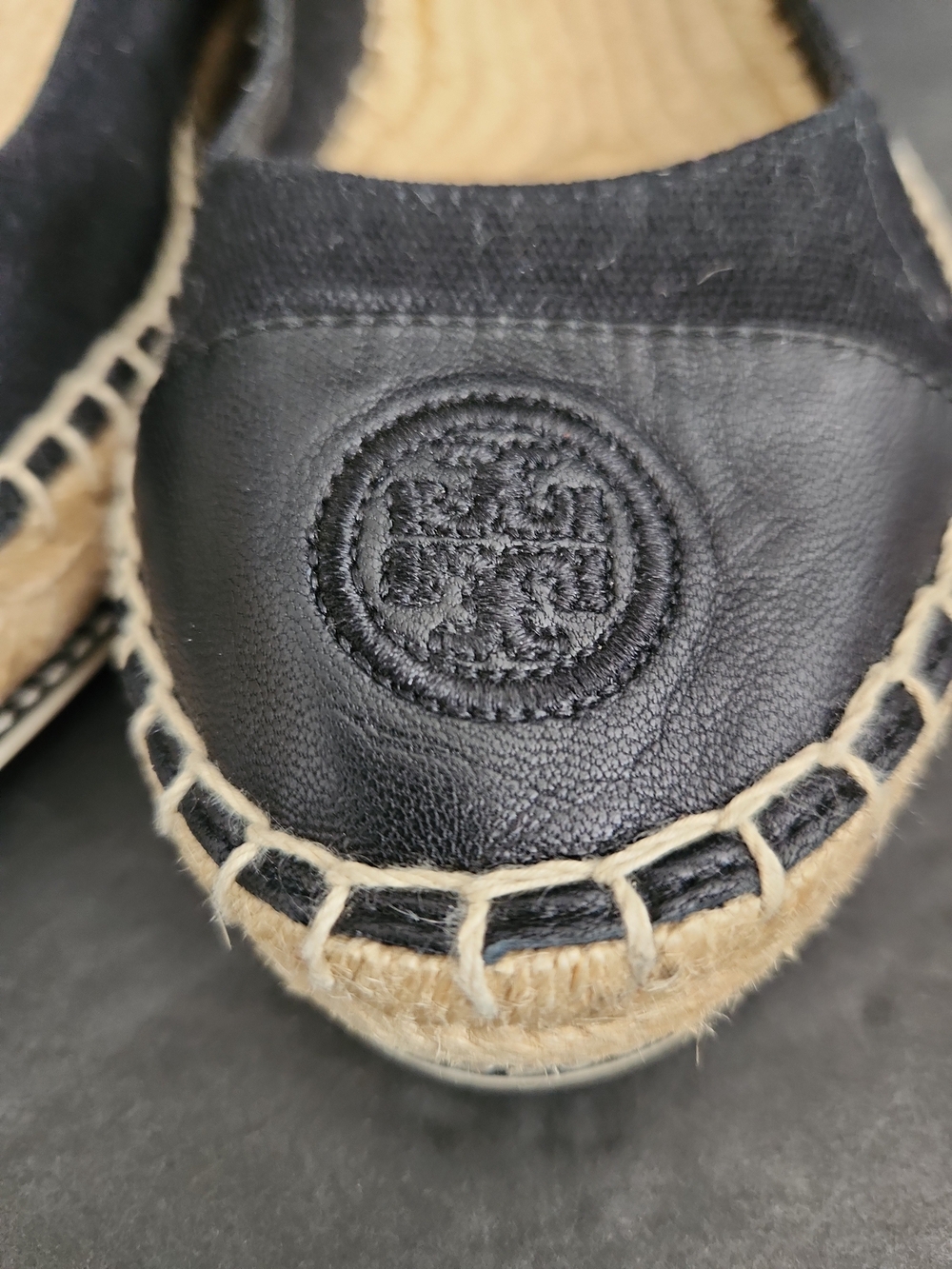 Tory Burch Espadrille Flat Logo Black Leather Canvas Women Size 8.5 - Picture 4 of 8